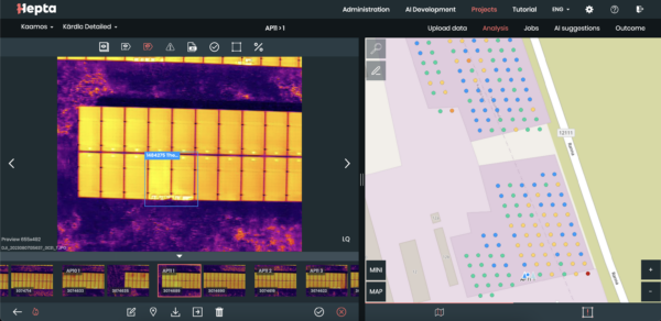 Hepta Insights software interface for solar panel analysis